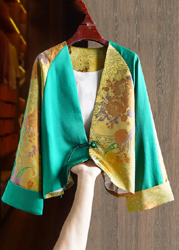 Embellished JacketsJacquard Green V Neck Patchwork Button Silk Coats Fall