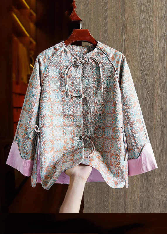 Zippered JacketsJacquard Pink Patchwork Side Open Button Silk Coat Fall