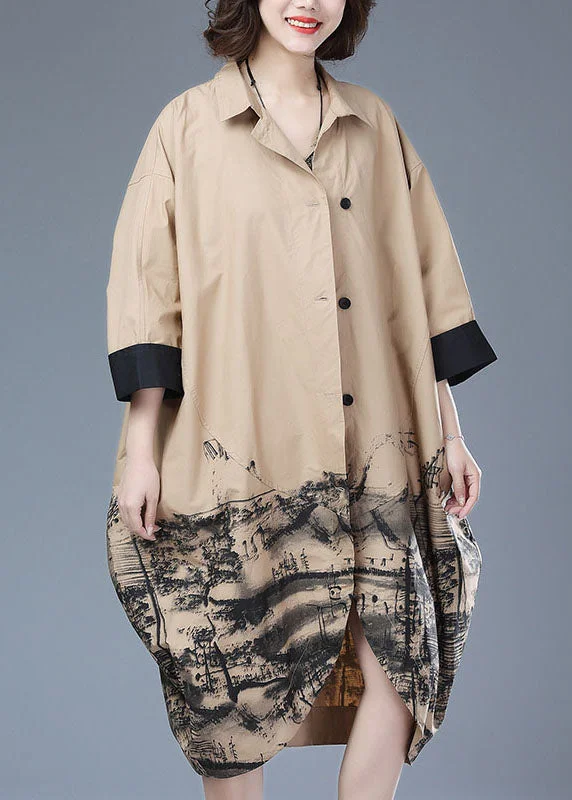 WindbreakersKhaki Patchwork Cotton Long Trench Coat Peter Pan Collar Print Button Bracelet Sleeve