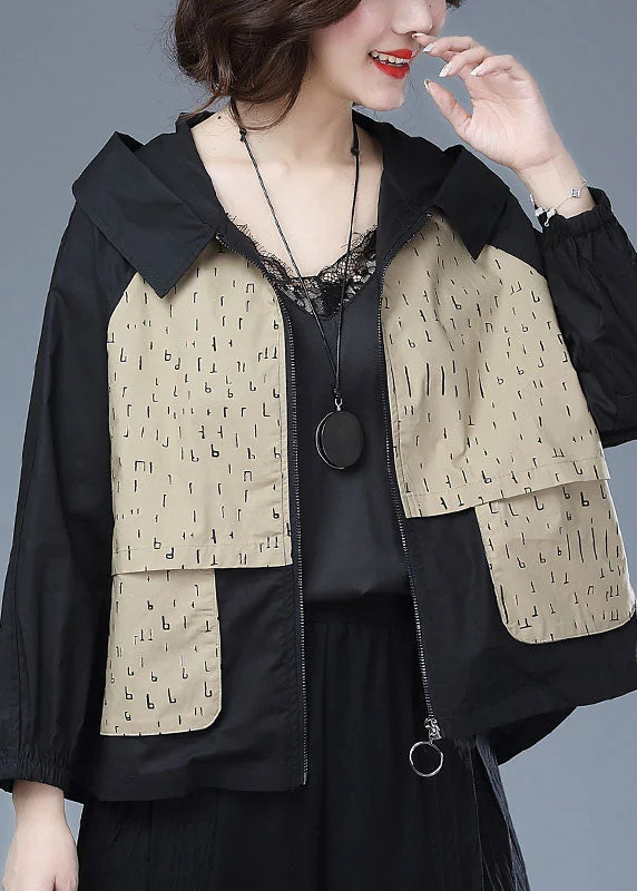 Hooded JacketsKhaki Patchwork Cotton Tops Coat Hooded Zippered Print Long Sleeve