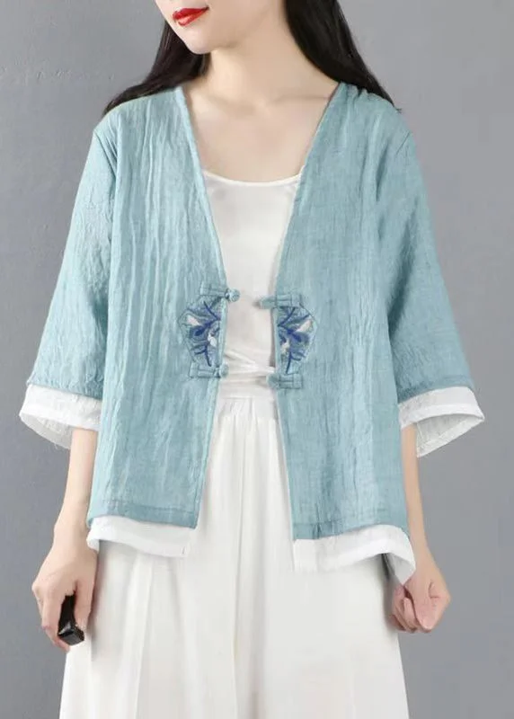 Fringed JacketsLight Blue Button Patchwork Linen Tops Coats V Neck Half Sleeve