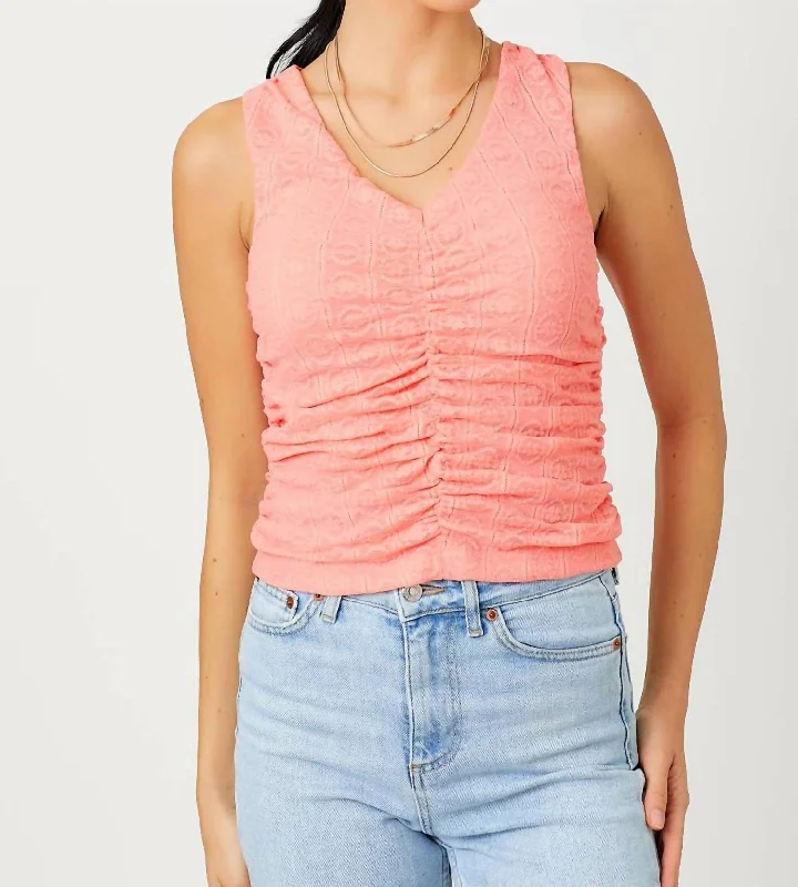 Floral Ruched Tank Top In Coral