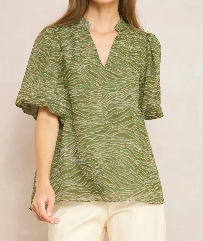 Bubble Sleeve V-Neck Top In Olive