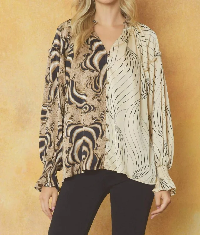 Contrast Print V-Neck Blouse In Mocha And Ecru