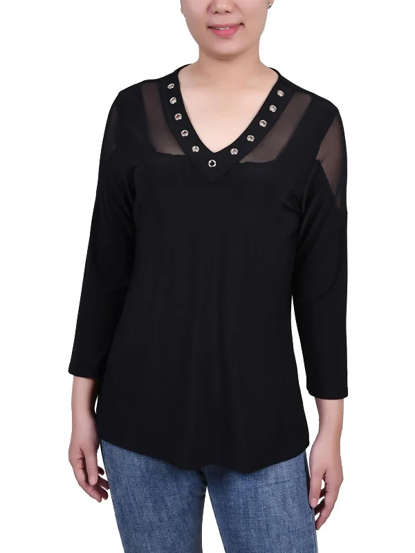 Petites Womens Embellished V-Neck Blouse