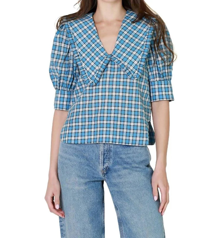 Seersucker V-Neck Blouse In Check Azure Blue