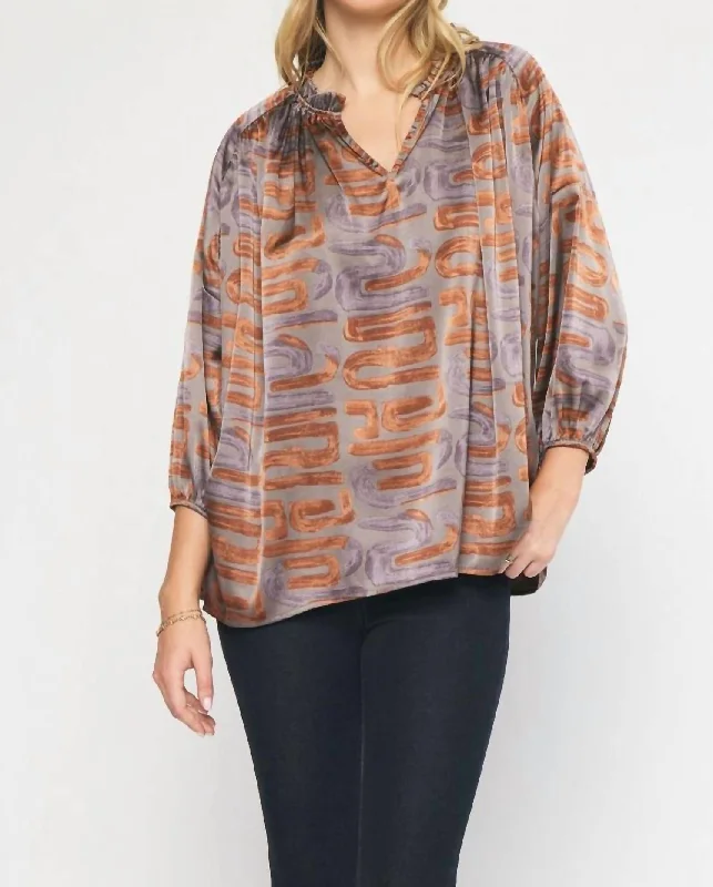 Swirl Printed V-Neck Top In Toffee