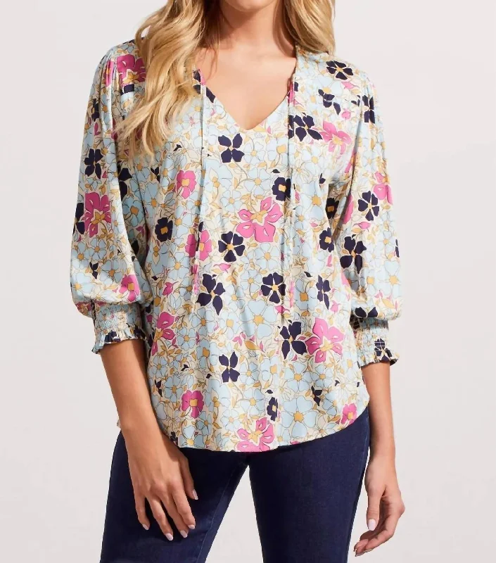 V-Neck 3/4 Sleeve Blouse W/elastic Cuff In Poolside