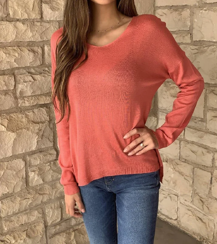 V-Neck Long Sleeve Sweater In Peperosa