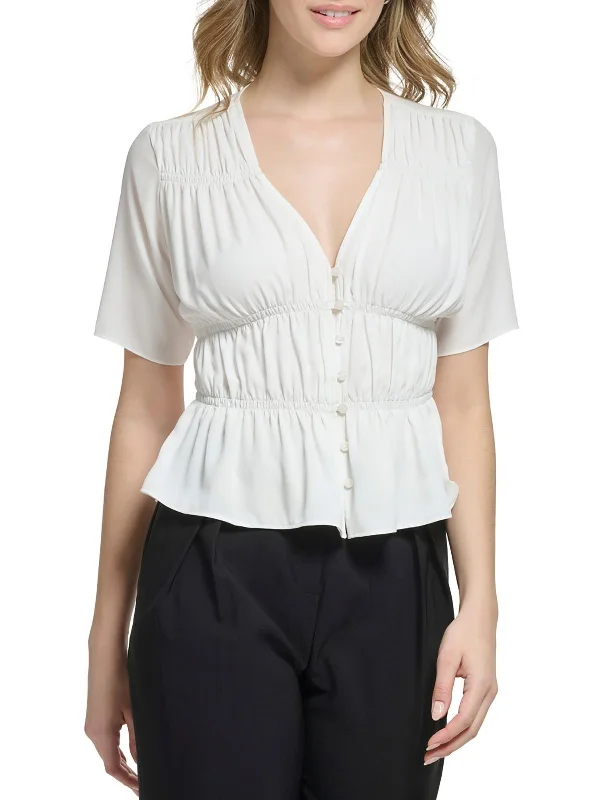 Womens V-Neck Gathered Blouse