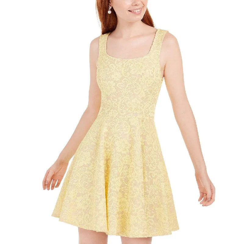 Speechless Juniors' Lace Fit & Flare Dress Yellow Size 15