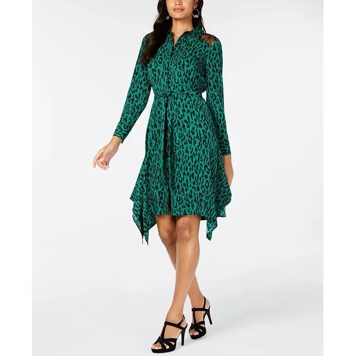 Thalia Sodi Women's Printed Handerkerchief-Hem Shirtdress Green Size Medium