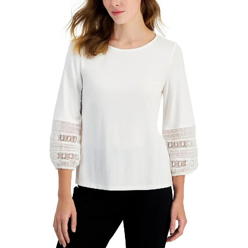 Anne Klein Womens Lace Trim Crewneck Pullover Top