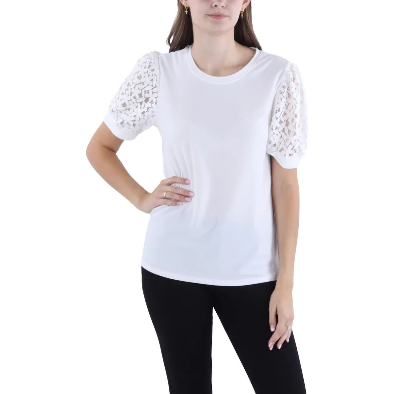 CeCe Womens Crochet Puff Sleeve Pullover Top