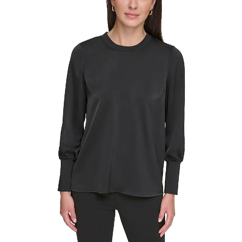 DKNY Womens Petites Satin Crewneck Pullover Top